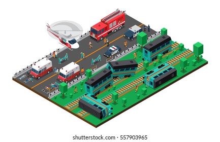 Train wreck isometric design with fire service and police ambulance and helicopter wounded persons vector illustration