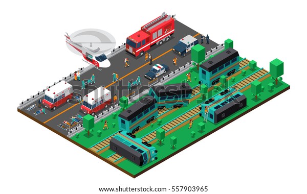 Train\
wreck isometric design with fire service and police ambulance and\
helicopter wounded persons vector\
illustration
