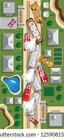 Train wreck. View from above. Vector illustration.