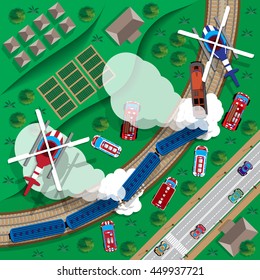 Train wreck. View from above. Vector illustration.