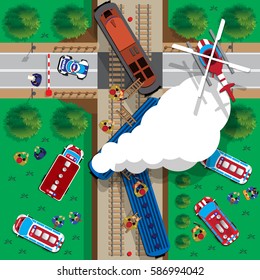 Train wreck. View from above. Vector illustration.