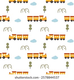Train yellow cartoon so cute. On mountain cloud tree white background. Pattern seamless vector illustration. 
