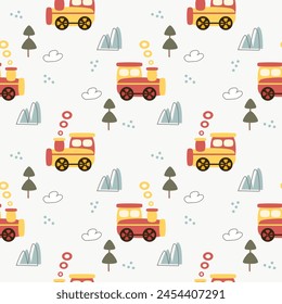 Tren amarillo y rojo dibujos animados tan lindo. En el fondo de la nube de la montaña del árbol. Patrón de Ilustración vectorial sin fisuras. 