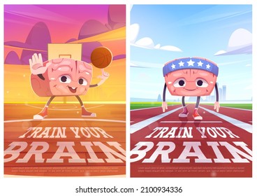 Train your Brain cartoon posters with marrow sportsman character racing on stadium and playing basketball. Mind or intelligence development, cute pericranium mascot sport exercise Vector illustration