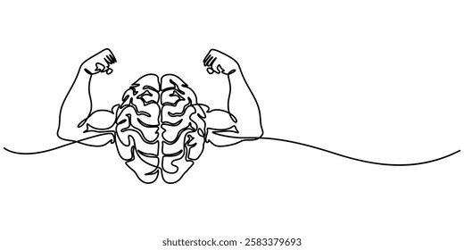 Train Your Brain Concept, Single continuous line drawing of strong muscular human brain lifting barbell logo label. Fresh smart health character logotype icon concept. Modern one line draw graphic pro