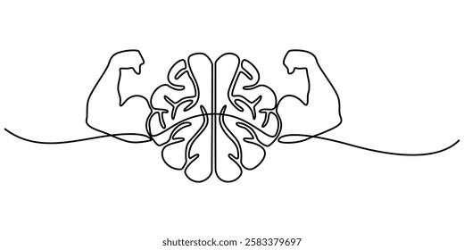 Train Your Brain Concept, Single continuous line drawing of strong muscular human brain lifting barbell logo label. Fresh smart health character logotype icon concept. Modern one line draw graphic pro