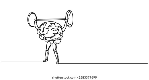 Train Your Brain Concept, Single continuous line drawing of strong muscular human brain lifting barbell logo label. Fresh smart health character logotype icon concept. Modern one line draw graphic pro