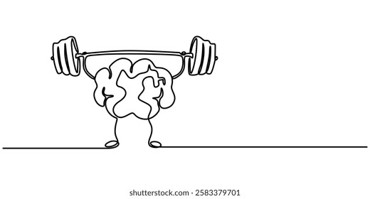 Train Your Brain Concept, Single continuous line drawing of strong muscular human brain lifting barbell logo label. Fresh smart health character logotype icon concept. Modern one line draw graphic pro