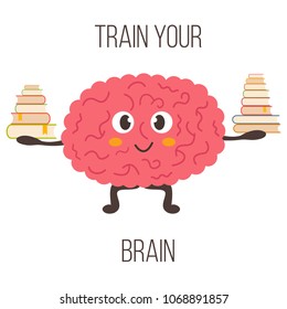 Train your brain poster with funny cartoon brain with a pile of books