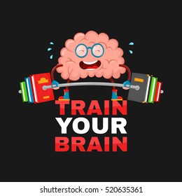 Train Your Brain.brain Vector Cartoon Flat Illustration Fun Character Creative Design. Education,science,smart, Brain Books Fitness Concept.train Lifts With Book Barbell. Isolated On Black Background.