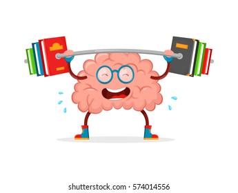 train your brain.brain vector cartoon flat illustration fun character creative design. education,knowledge,smart,brain books fitness concept.train lifts with book barbell. mind cartoon character,sport