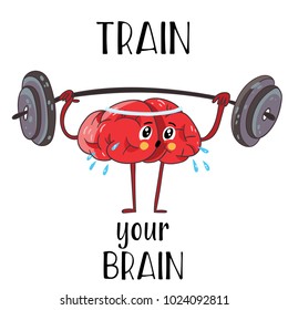 Train your brain.Fitness cartoon brain concept. Doodle style. Cartoon design of brain for sport - stock vector