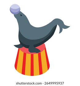 Trained circus seal balancing a ball on its nose while standing on a colorful tub