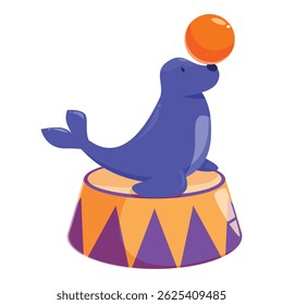 Trained circus seal balancing an orange ball on its nose while standing on a stage