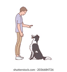 Trained dog executes commands of his owner, sketch cartoon vector illustration isolated on white background. Dogs training scene with cartoon characters of man and pet.