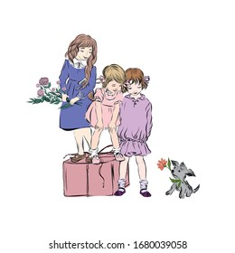 Trained dog gives flower to girls. Group of carefree children with gift box and bouquet of flowers. 