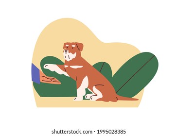Trained dog giving paw to its owner's hand. Canine trainer training obedient doggy. Pet obeying master's commands. Colored flat vector illustration of animal education isolated on white background