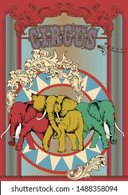 Trained elephants. Design inspired by an old circus. Suitable for posters, cards, tattoo. Vector illustration. Engraving style