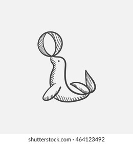 Trained fur seal playing with ball sketch icon for web, mobile and infographics. Hand drawn vector isolated icon.