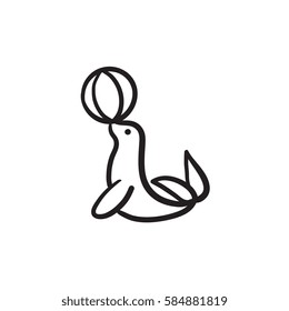 Trained fur seal playing with ball vector sketch icon isolated on background. Hand drawn fur seal playing icon. Trained fur seal playing with ball sketch icon for infographic, website or app.