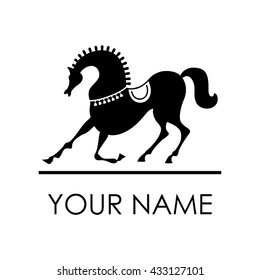 Trained horse. Easy sign. Vector sport logo. Black isolated silhouette thoroughbred courser. Elegant simbole in retro. Vintage icon. Light lable. Beautyfule icon. Simplicity object. Classic element