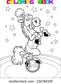 A trained horse shows in the circus.She fun riding on the wheel. Illustration made a black outline for coloring, on separate layers.