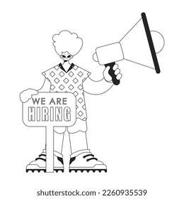 A trained HR specialist man holds a megaphone in his hands. HR topic. Linear newspaper black and white style.