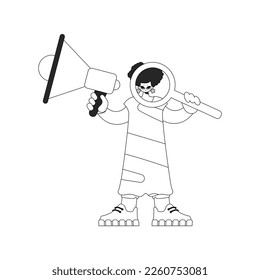 A trained HR specialist woman holds a megaphone and a magnifying glass in her hands. HR topic. Newspaper black and white style.