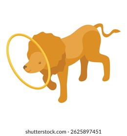 Trained lion is jumping through a ring in a circus performance