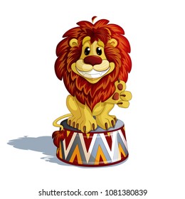 A trained lion sits on a circus stand, smiles and shows a paw sign for the likes.A circus character in the style of a cartoon. Vector Illustration.