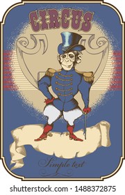 Trained monkey. Design inspired by an old circus. Suitable for posters, cards, tattoo. Vector illustration. Engraving style