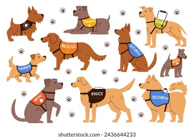 Trained security, medical, guide, therapy and rescuer service dogs assistants cartoon characters isolated set. Pedigreed pet animal for first aid, emergency help and treatment vector illustration