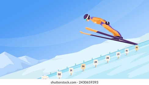 Trained sportsman wearing warm orange sport suit and goggles doing ski jumping on track. Picturesque landscape view. Snowy mountain in the background. Healthy lifestyle activity. Vector illustration