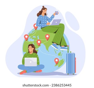 Concepto de trabajadores capacitados. Mujeres con laptops en el fondo del mundo. Personal internacional, empleados remotos. Afiche o pancarta. Dibujo vectorial plano de dibujos animados aislado en fondo blanco