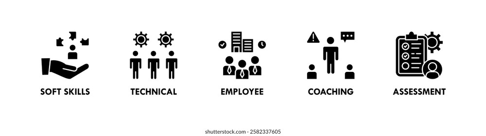 Trainee banner web icon illustration concept with icon of soft skills, technical, employee, coaching, and assessment