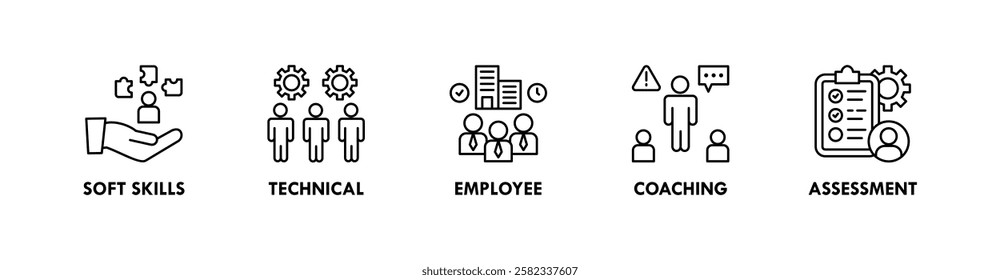 Trainee banner web icon illustration concept with icon of soft skills, technical, employee, coaching, and assessment