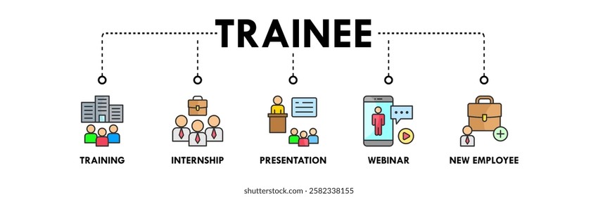 Trainee banner web icon illustration concept with icon of training, internship, presentation, webinar, and new employee