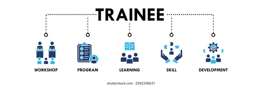 Trainee banner web icon illustration concept with icon of workshop, program, learning, skill, and development