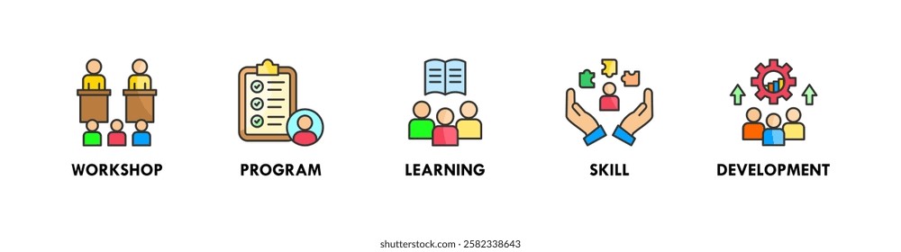 Trainee banner web icon illustration concept with icon of workshop, program, learning, skill, and development
