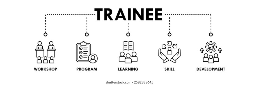 Trainee banner web icon illustration concept with icon of workshop, program, learning, skill, and development