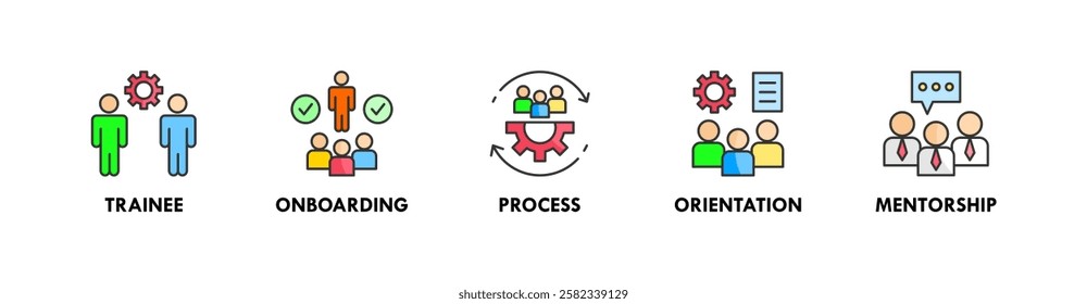 Trainee banner web icon illustration concept with icon of trainee, onboarding, process, orientation, and mentorship