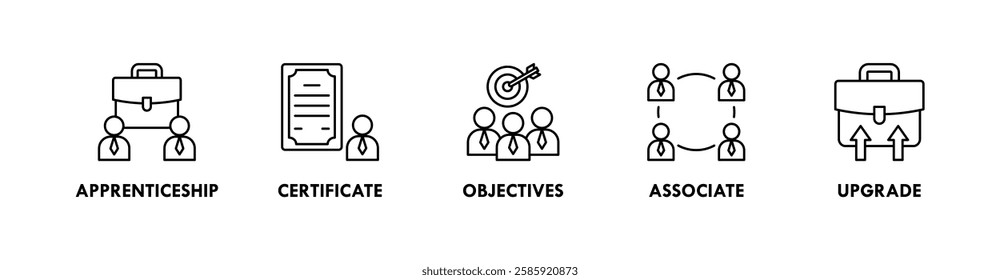 Trainee banner web icon illustration concept with icon of appretinceship, cerificate, objectives, associate, and upgrade