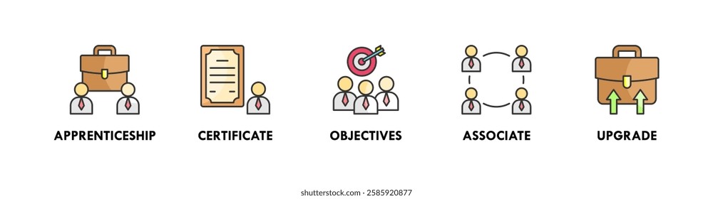 Trainee banner web icon illustration concept with icon of appretinceship, cerificate, objectives, associate, and upgrade