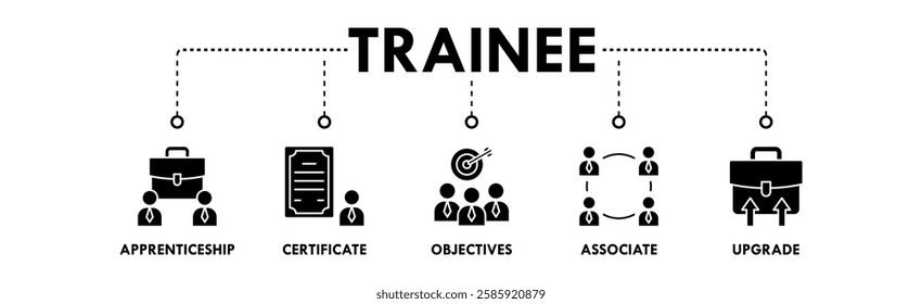 Trainee banner web icon illustration concept with icon of appretinceship, cerificate, objectives, associate, and upgrade