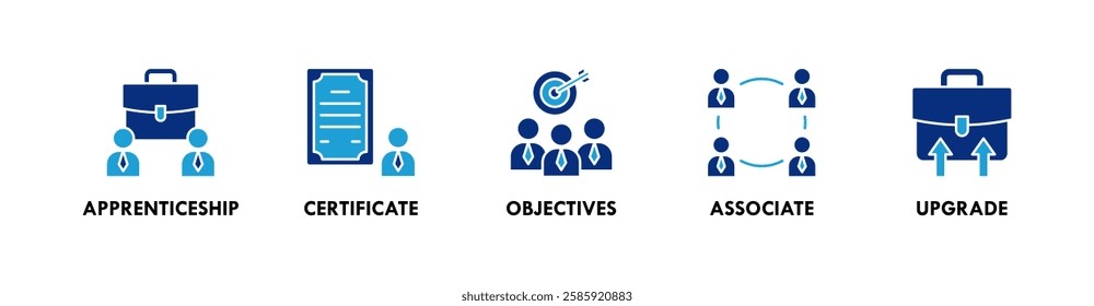 Trainee banner web icon illustration concept with icon of appretinceship, cerificate, objectives, associate, and upgrade