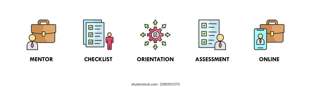 Trainee banner web icon illustration concept with icon of mentor, checklist, orientation, assessment, and online