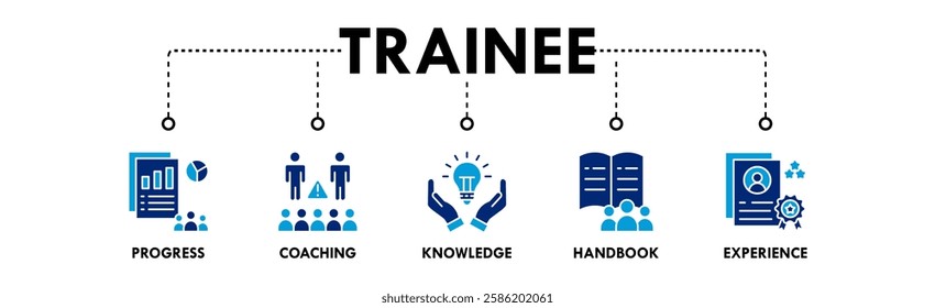 Trainee banner web icon illustration concept with icon of progress, coaching, knowledge, handbook, and experience