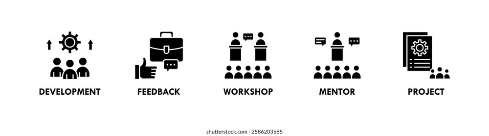 Trainee banner web icon illustration concept with icon of development, feedback, workshop, mentor, and project