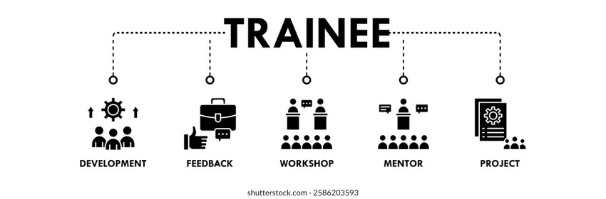 Trainee banner web icon illustration concept with icon of development, feedback, workshop, mentor, and project