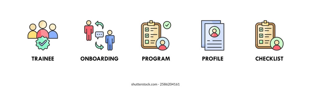 Trainee banner web icon illustration concept with icon of trainee, onboarding, program, profile, and checklist